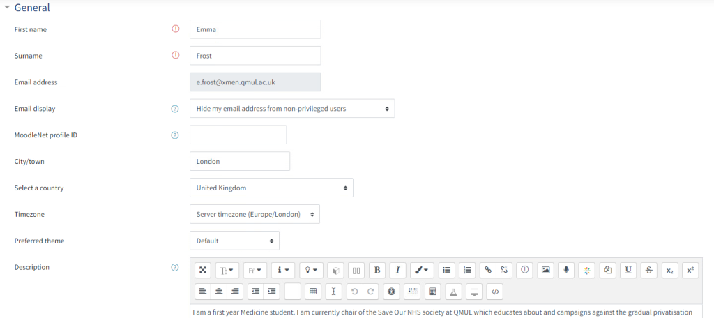 This image shows the profile settings page.