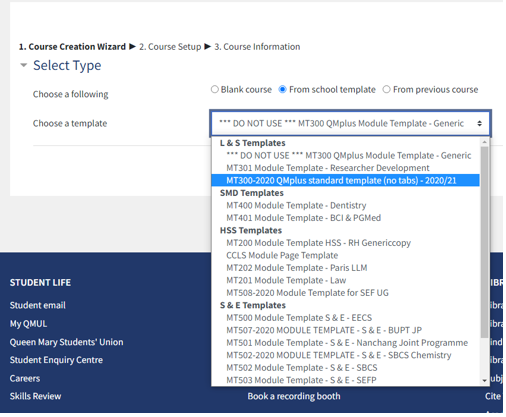 Showing the options to choose a template in the drop down menu