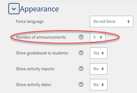 Appearance section with the number of announcements highlighted
