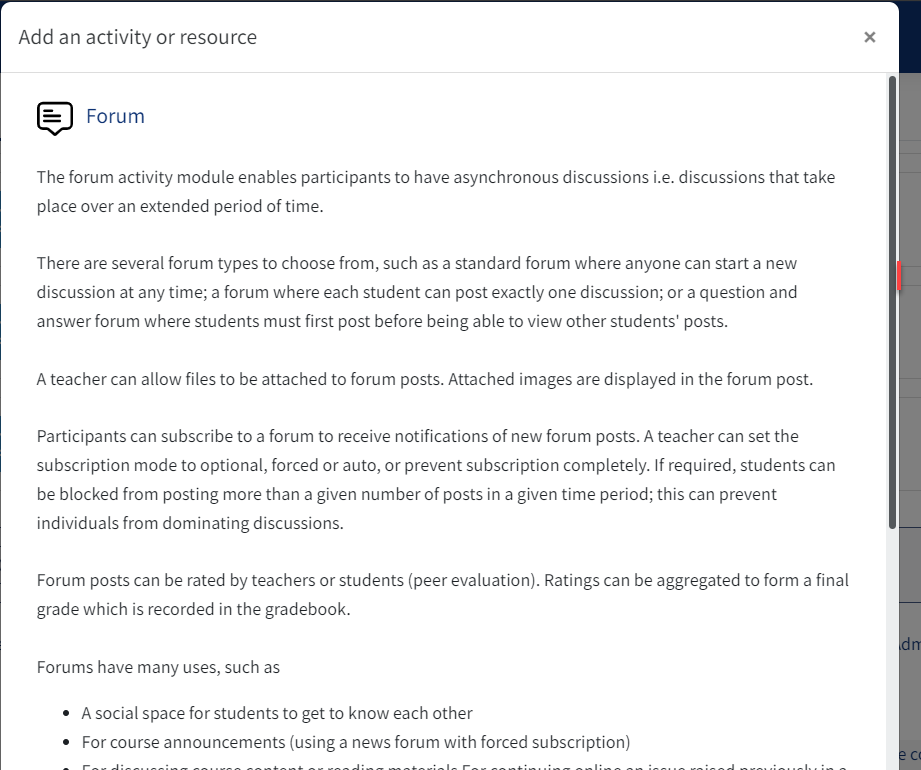 Forum information screen from activity picker
