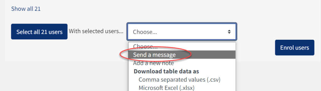 The drop down menu for with selected users is open and send a message is selected