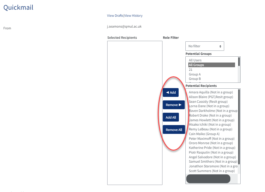 The option for adding recipients to an email with the add, remove, add all and remove all options highlighted