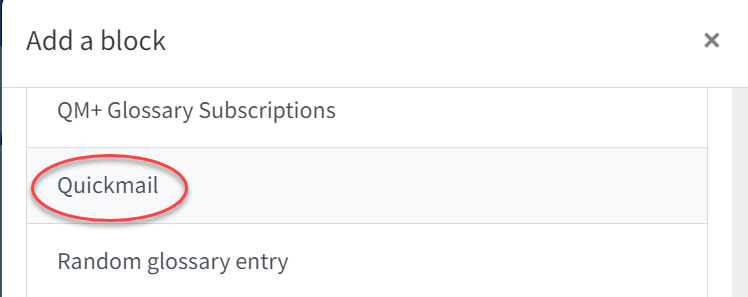 The add a block option list with Quickmail highlighted