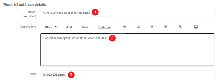 video details to be entered