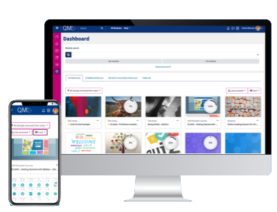 Image of computer and phone with QMplus dashboard