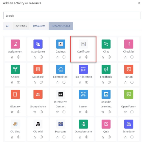 Showing an image of the certificate activity