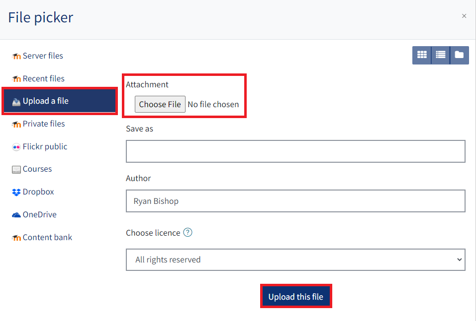 An image of the upload file button and choose a file button
