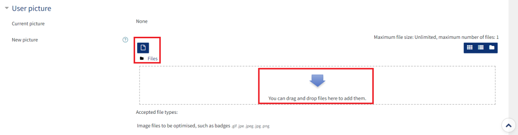 An image of the upload picture area, the file picker is highlighted with a red box