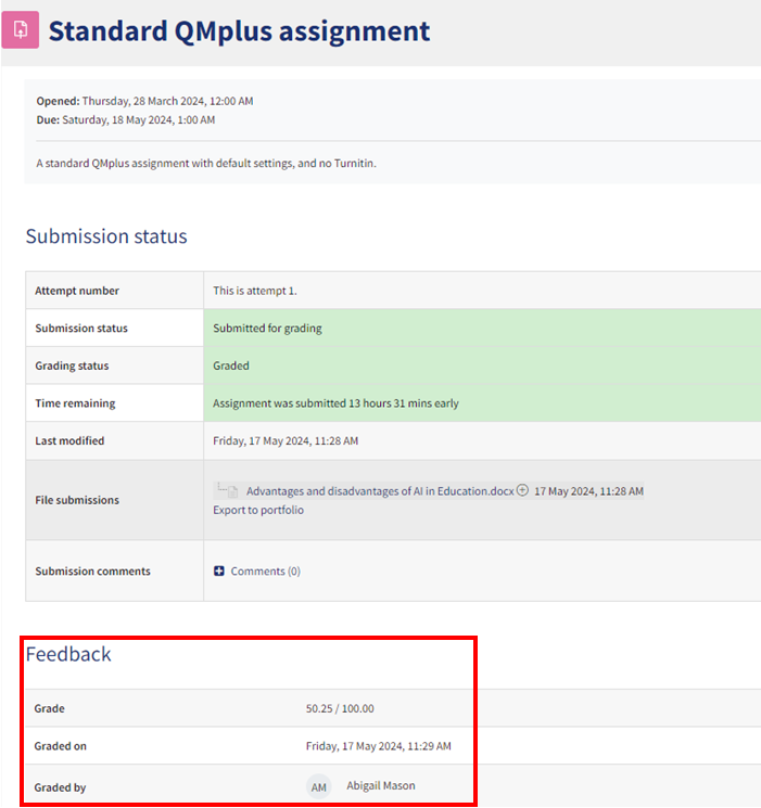Grade view accessed via the assignment link