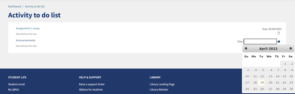 An image of the activity to do list with dates added