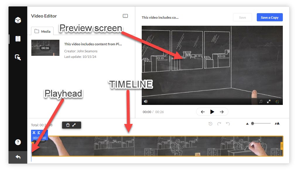 The video editor with preview on right and timeline at bottom